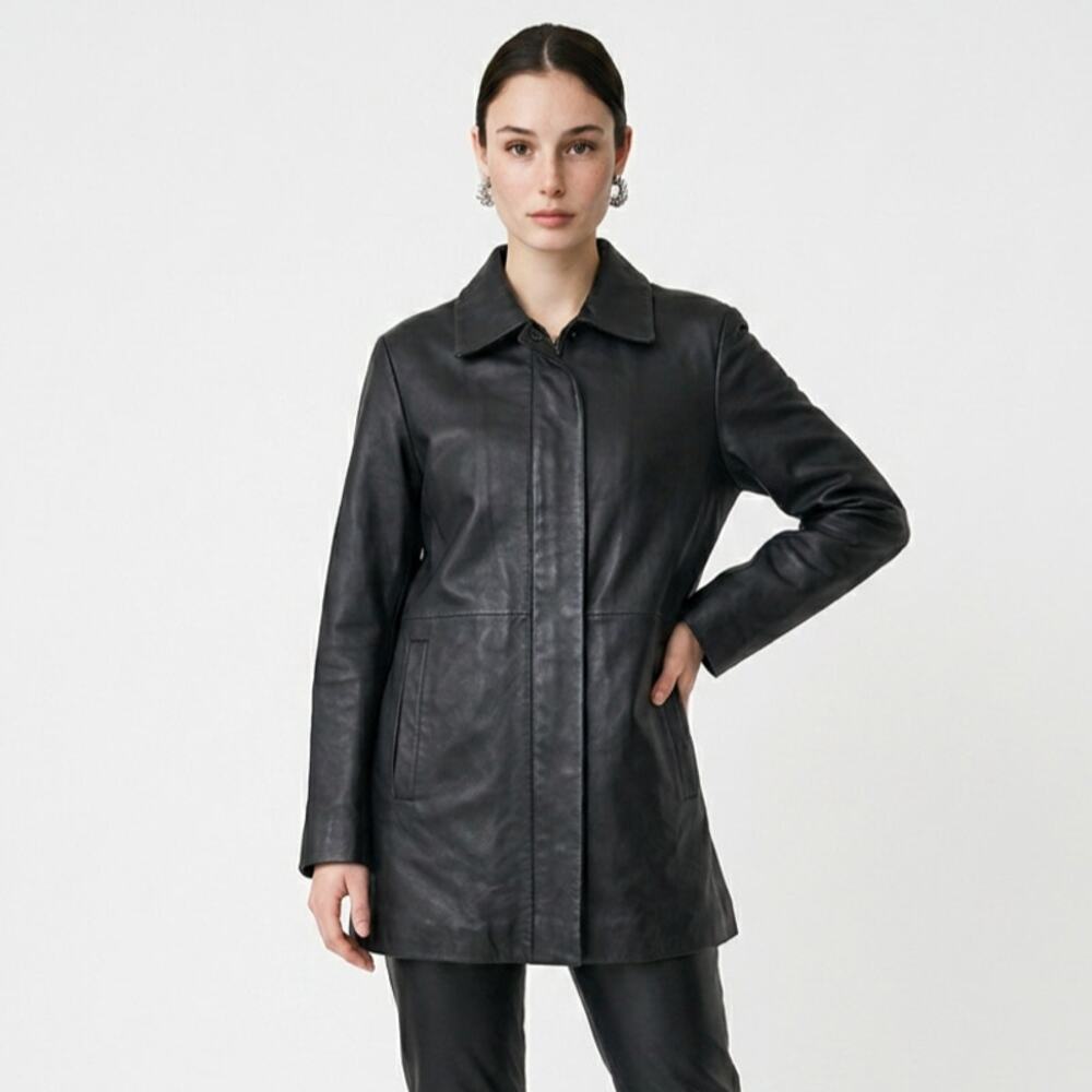 Vintage GAP Black Genuine Leather Car Coat Jacket Size M Y2K